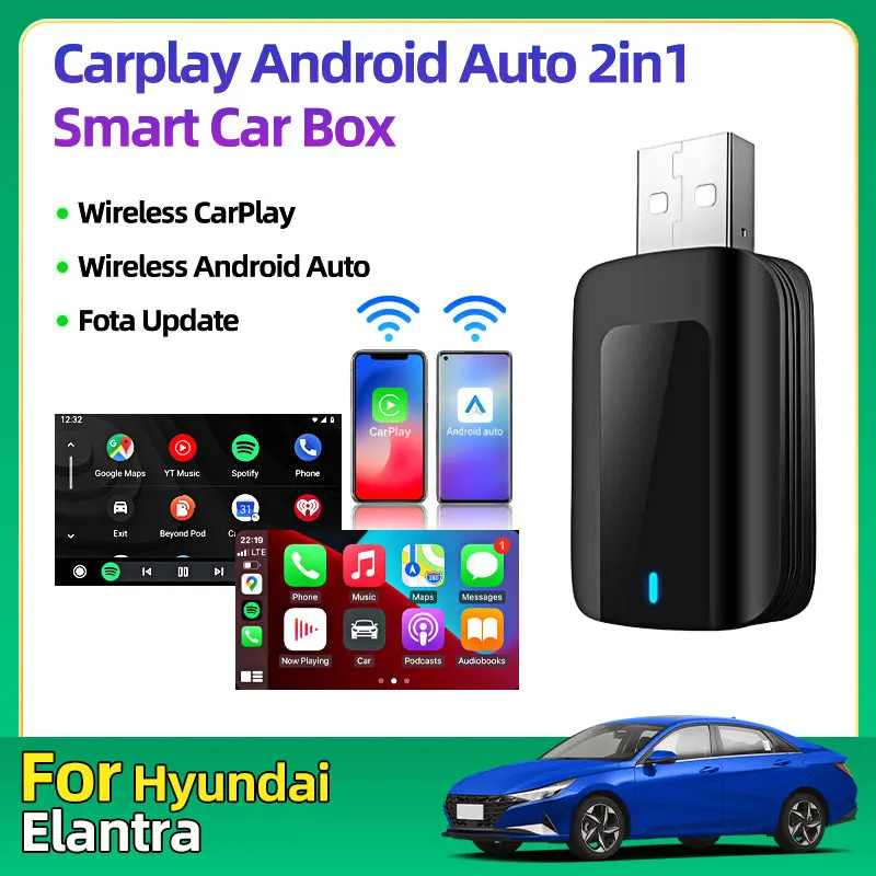 Для Hyundai Elantra 2 в 1, мини-беспроводной адаптер CarPlay Android Auto, Wi-Fi, быстрое подключение Plug and Play для телефона iPhone Android