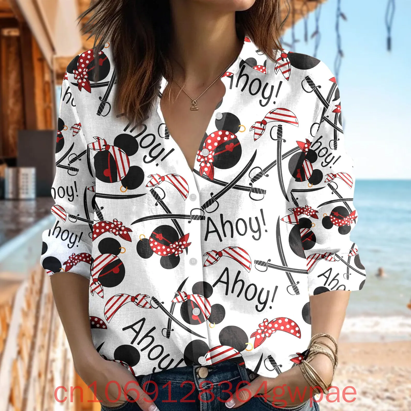 Фото Женская рубашка с 3d принтом Minnie Mickey Castaway Cruise, повседневная рубашка на пуговицах с длинным рукавом, женская модная повседневная рубашка с пиратами Минни №3