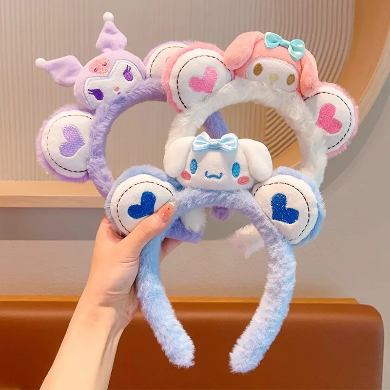 Повязка на голову Sanrio с героями мультфильмов Kuromi My Melody, повязка на голову Pom Pom Purin Cinnamoroll, аксессуары для волос, плюшевый головной убор для девочек, Рождественский подарок