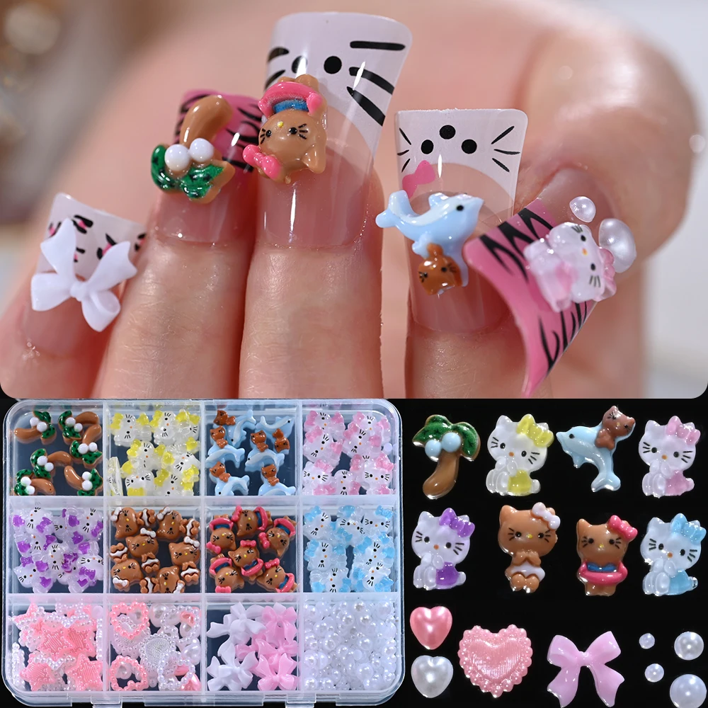 12 сетоккоробка, смешанная черная кожа Sanrio, подвески для ногтей Hello Kitty, милые бантики, сердце, жемчуг, дизайн ногтей, стразы, летний мультяшный декор для ногтей (art.: 3920cd6e28edb) - 3920cd6e28edb
