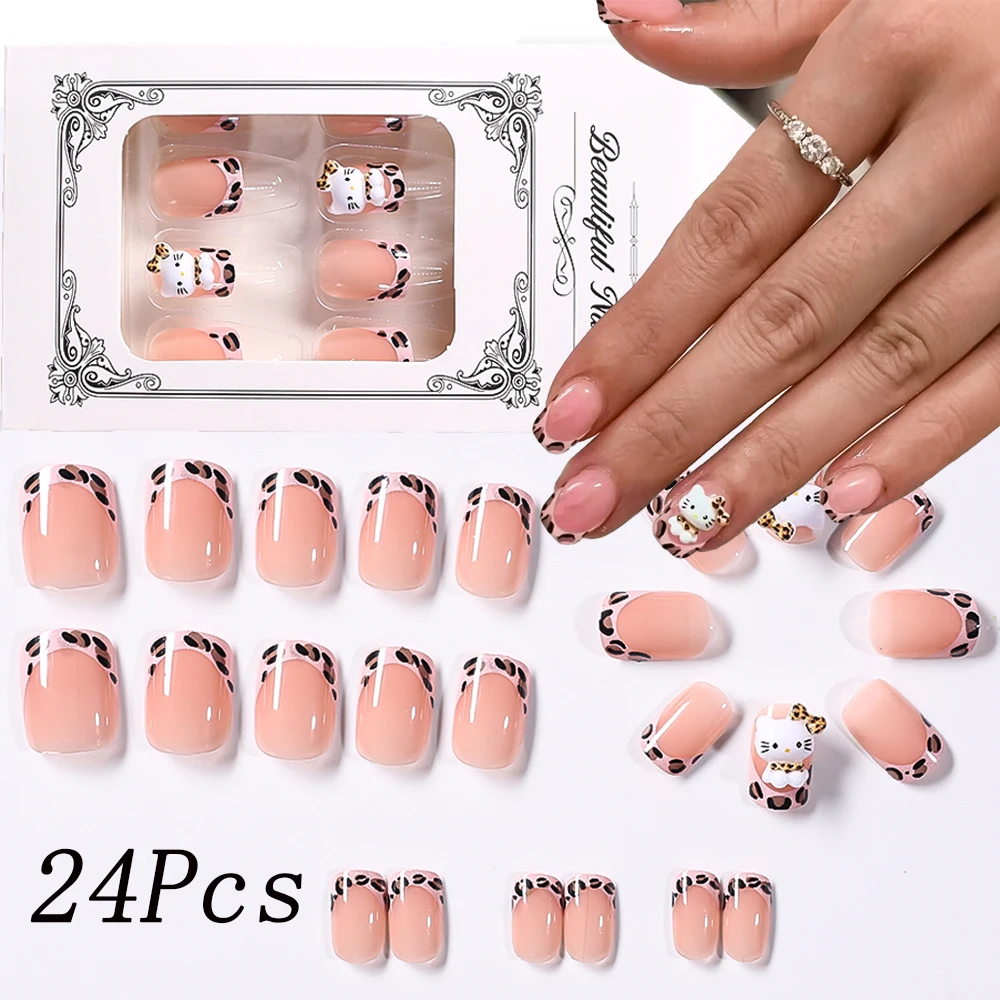 24 шт., короткие квадратные накладные ногти Hello Kitty с леопардовым принтом, французские милые накладные ногти с героями мультфильмов, аниме, французские леопардовые носимые акриловые кончики
