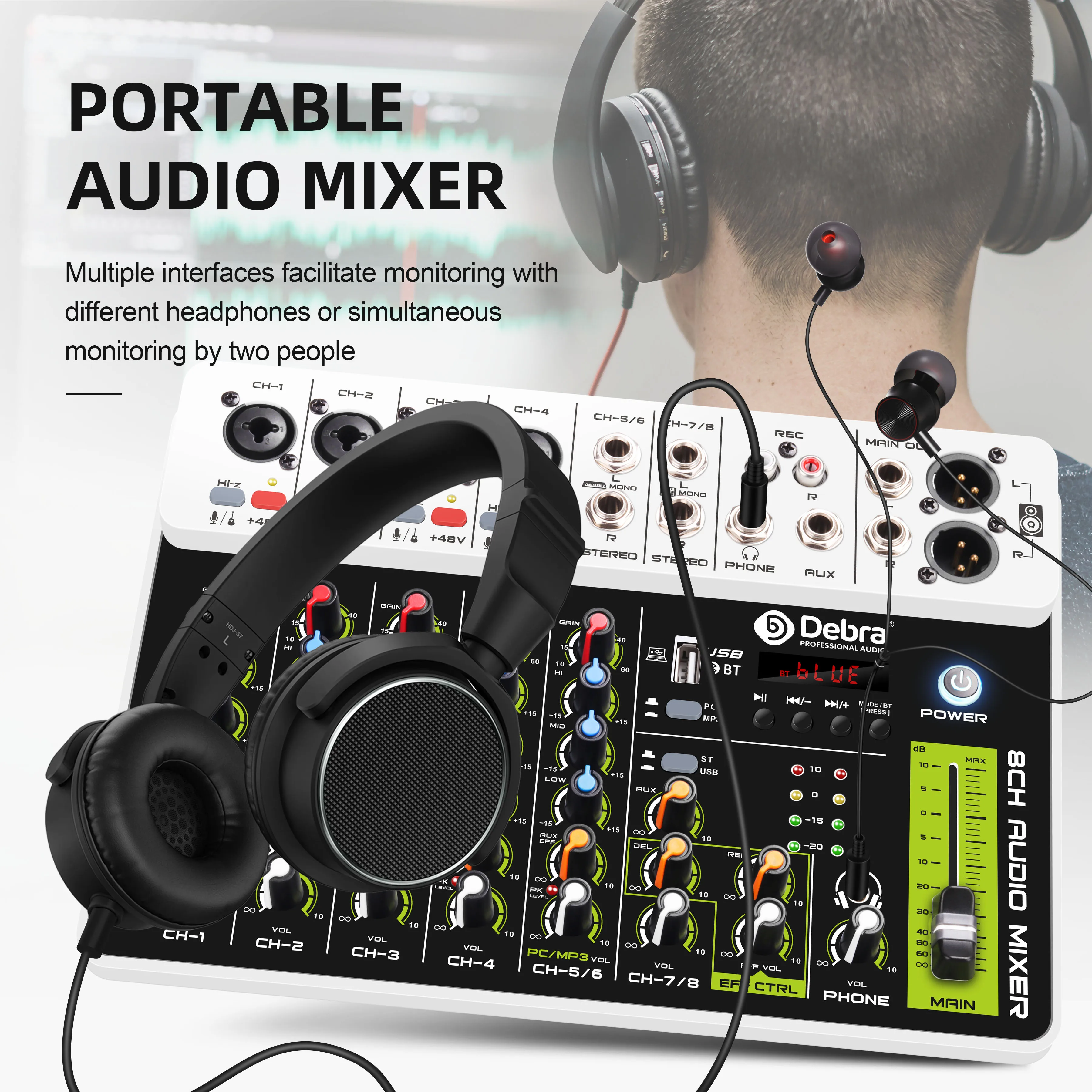 Фото Аудиомикшер Debra V4/V8, DJ-контроллер с Bluetooth, USB, фантомное питание 48 В, 4/8-канальный аудиомикшер для записи караоке, ПК №4
