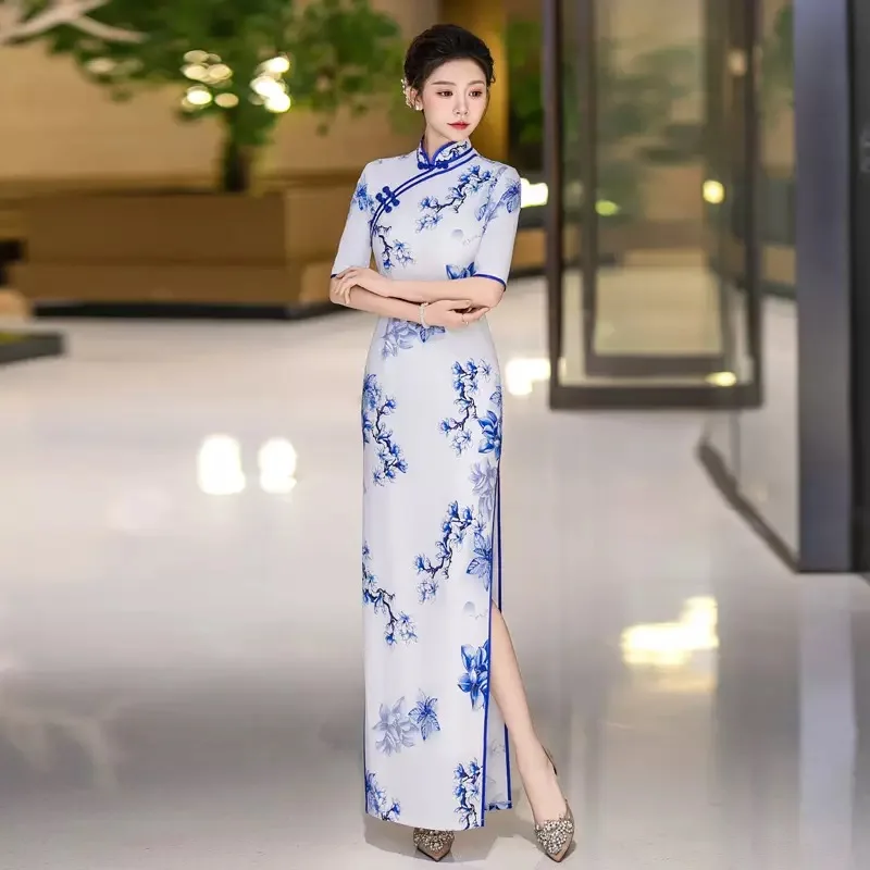 Фото Восточное женское вьетнамское платье Cheongsam с винтажным цветочным принтом для банкета и вечера, платье Aodai №3