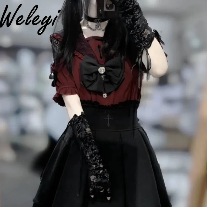 Mine Series Sweet Bow Tie Top Harajuku Girl Cross Prayer Sailor Collar Рубашки с короткими рукавами Массовое производство Юбка с тонкой талией Комплект