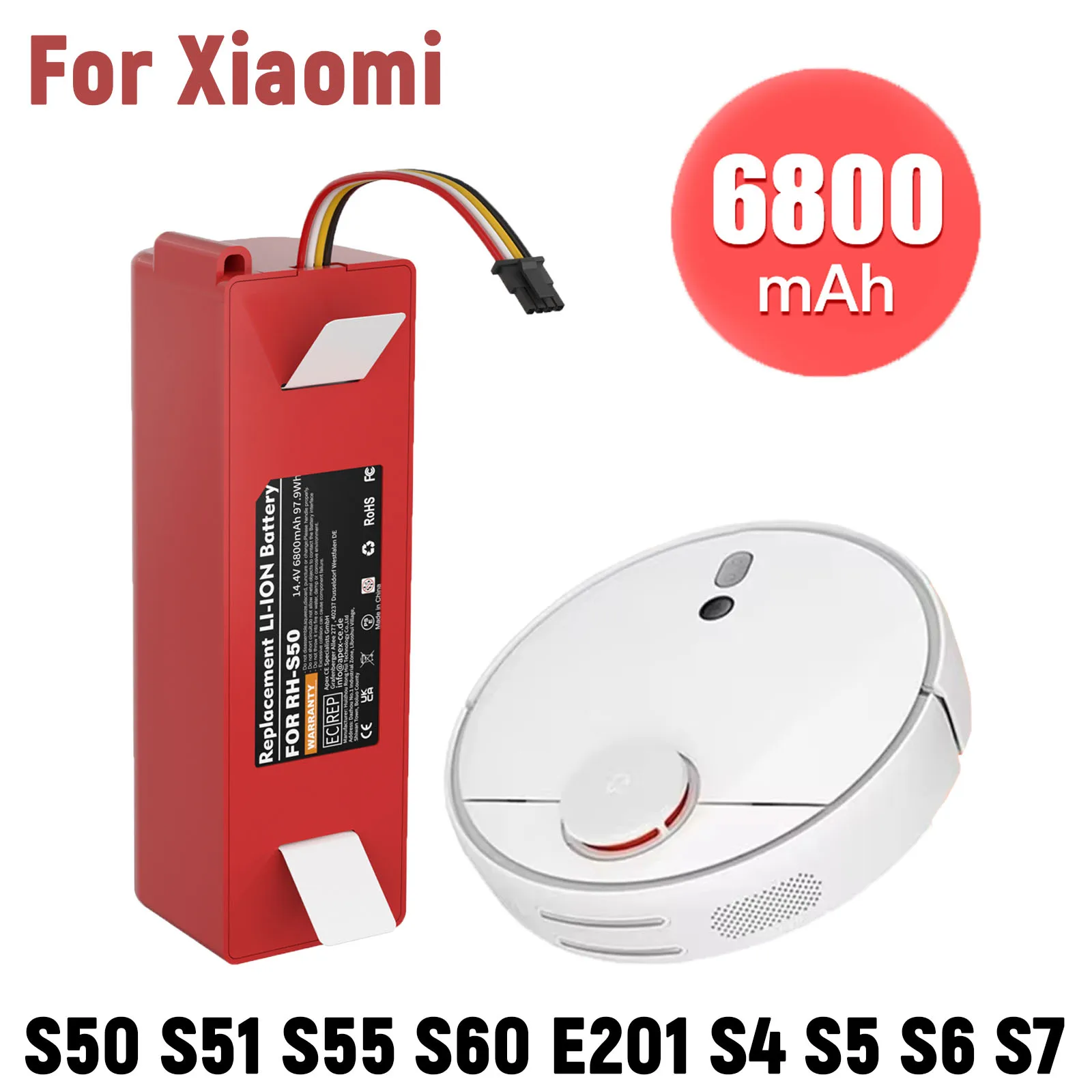 Сменный аккумулятор для робота-пылесоса Xiaomi Roborock S50, S51, S52, S53, S55, S60, S4, S5, S6, S7, полная серия, 14,4 В, 6800 мАч