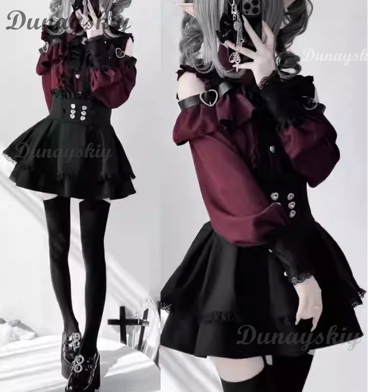 Jirai kei Outfit Lolita Girls Рубашка Юбка Комплект Женский Kawaii Лук Длинный Рукав Y2K Повседневная Эстетическая Рубашка Женский Стиль Японский (art.: 3920ce76b3e3b) - 3920ce76b3e3b
