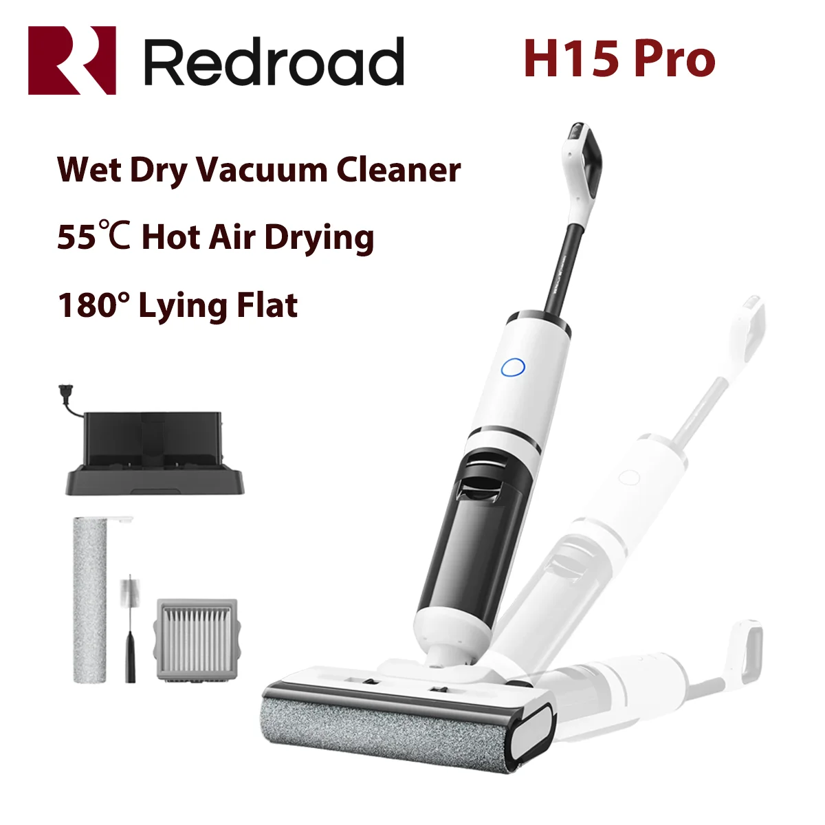 Redroad H15 pro Беспроводной пылесос для влажной и сухой уборки Беспроводная швабра 18 кПа, 35 минут, время работы, самостоятельная стирка, сушка горячим воздухом 180 °   Лежачий плоский