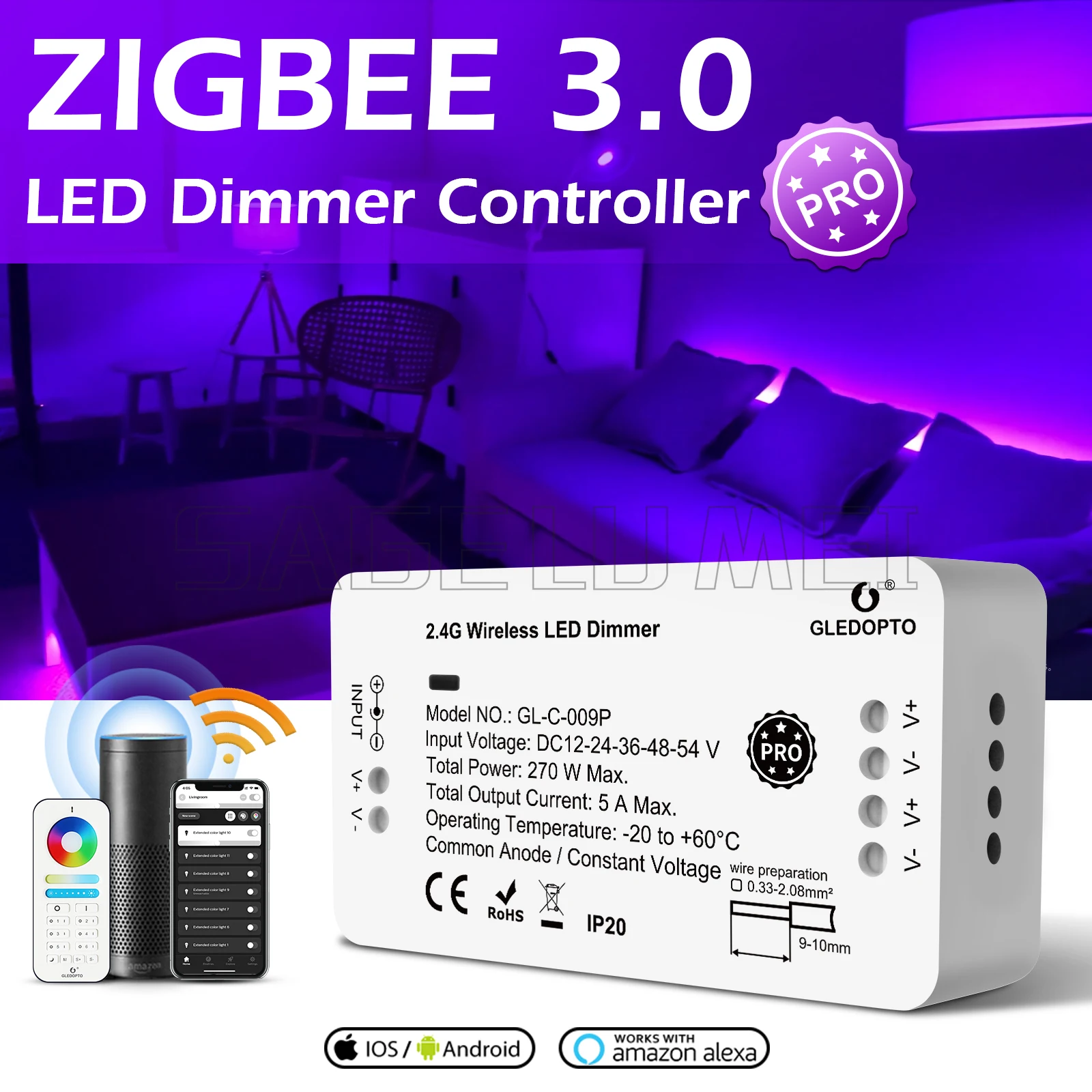 Фото Умная светодиодная лента Контроллер Zigbee 3.0 GLEDOPTO RGBCCT Pro Совместимость с концентратором Приложение Tuya SmartThings 2,4G RF Дистанционное управление Голос №5