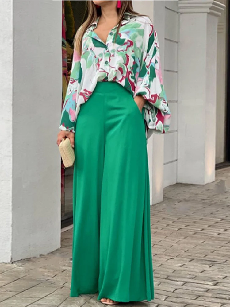 Kobiety Moda Batwing Sleeve Wide Leg Two Piece Sets Womens Fall Elegant Long Pants Ladies Office Shirt 2-Piece Sets Clothes Одинаковая Комплекты