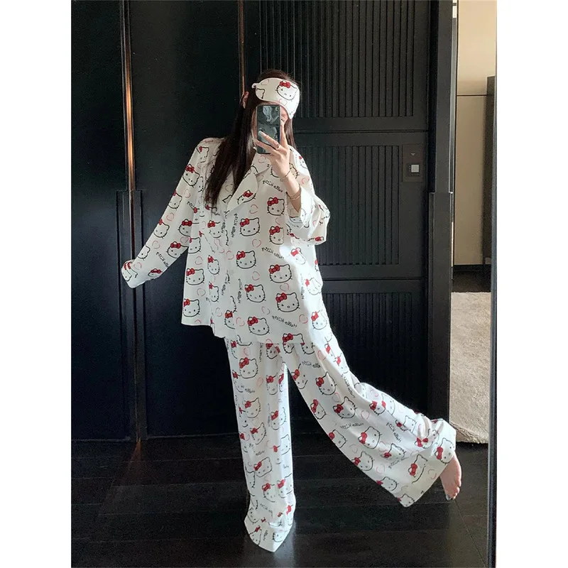 Фото 2 шт., аниме «Hello Kitty», осенне-зимняя мода, можно носить на улице, брючный костюм с длинными рукавами, кавайная удобная пижама для девочек №4