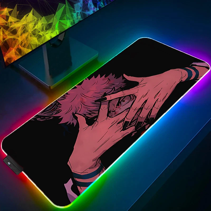 Светодиодный коврик для мыши jujutsu Kaisen Yuji с подсветкой, игровые аксессуары, ПК, компьютерная клавиатура, геймерский RGB настольный коврик alfombrilla xxl, коврик для мыши