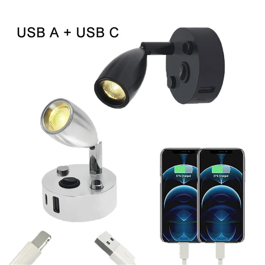USB A + USB C 12 В RV Light Внутренний прикроватный светильник 24 В с двумя портами зарядки для кемпера, лодки, фургона, прицепа и дома на колесах