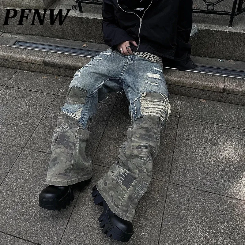 PFNW American High Street Design Camouflage Splicing Destruction Jeans Men's Loose Causal StraightWide Leg Pants Tide 12C1809