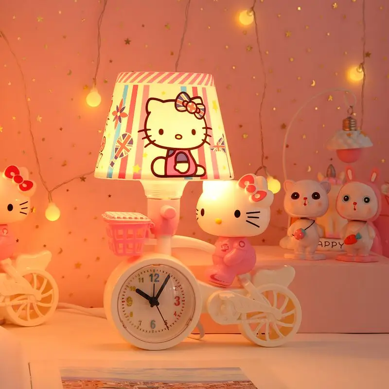 Фото Sanrio Kawaii аниме Hello Kitty модель мультфильм спальня для сна ночная версия прикроватная лампа будильник украшение детский подарок игрушки для девочек №4