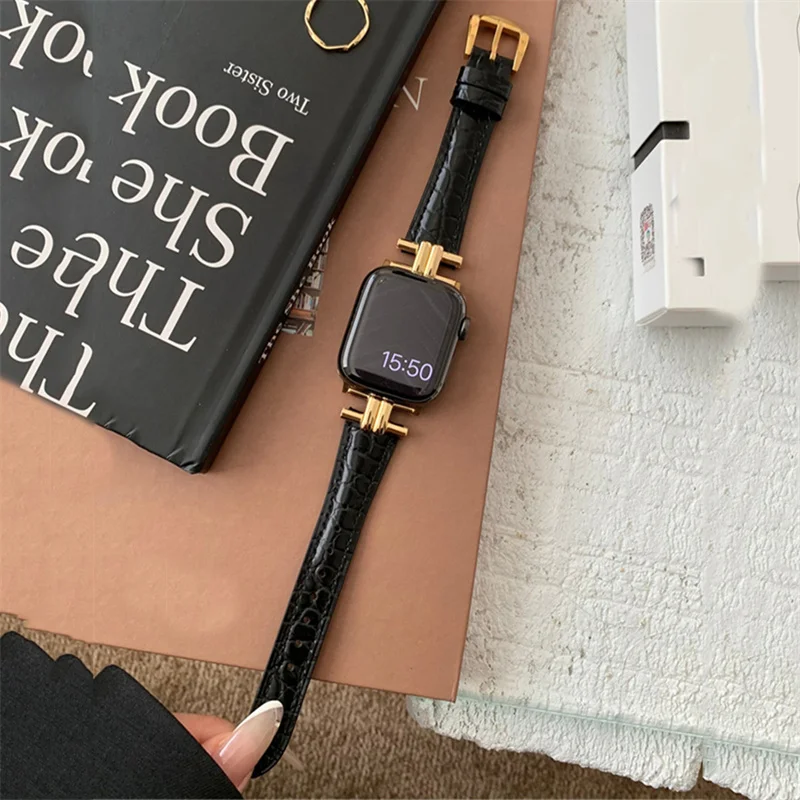Ремешок кожаный высокого качества для Apple Watch Band 9 41 мм 45 мм 44 мм 40 мм 49 мм, Женский металлический браслет для iWatch Series 8 7 6 5 4 3 SE,ремешок на apple watch