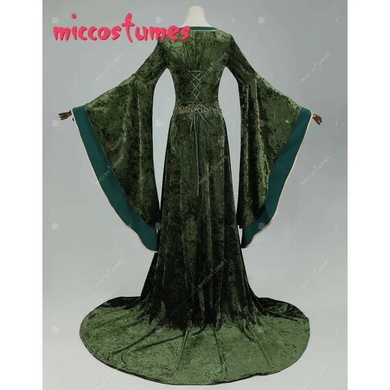 CyMICCOSTUMES Ренессанс Средневековый стиль Эллинора Производное зеленое бархатное платье с длинными широкими рукавами и цепочкой на талии Косплей Костюм