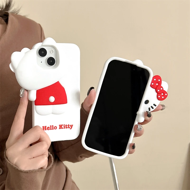 Чехол для телефона Kawaii с 3D мультфильмом «Hello Kitty» для iPhone 16, promax 15, 14, 13 Plus, 12 Pro Max, мягкий силиконовый чехол с бантом