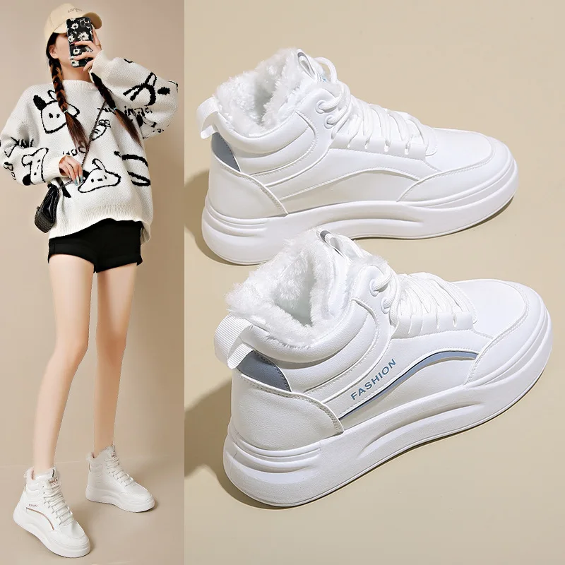 Velvet high top white shoes for women 2025  winter Korean version versatile student board shoes warm casual shoes for women