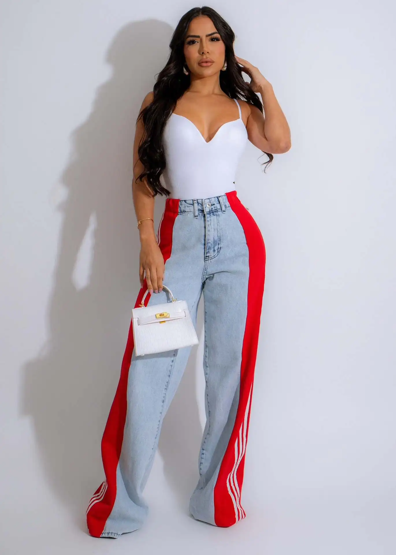 Damskie spodnie jeansowe Summer Fashion Side Patchwork Striped Wide Leg Jeans Lady Casual High Waist Elastic Denim Straight Leg Pants