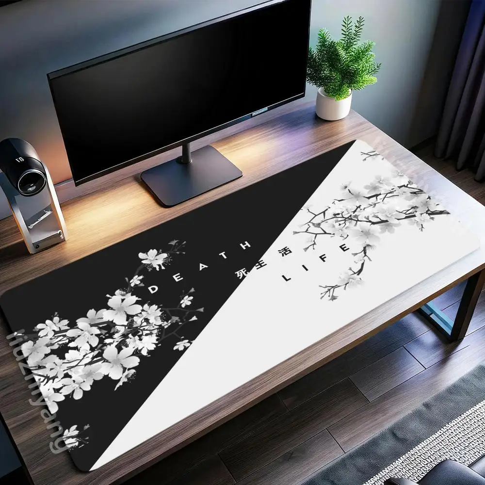Фото Черный, белый цвет Sakura Коврик для мыши Большой компьютерный офисный игровой настольный коврик XXL Резиновые нескользящие коврики для клавиатуры с прошитыми краями Длинные настольные коврики №3