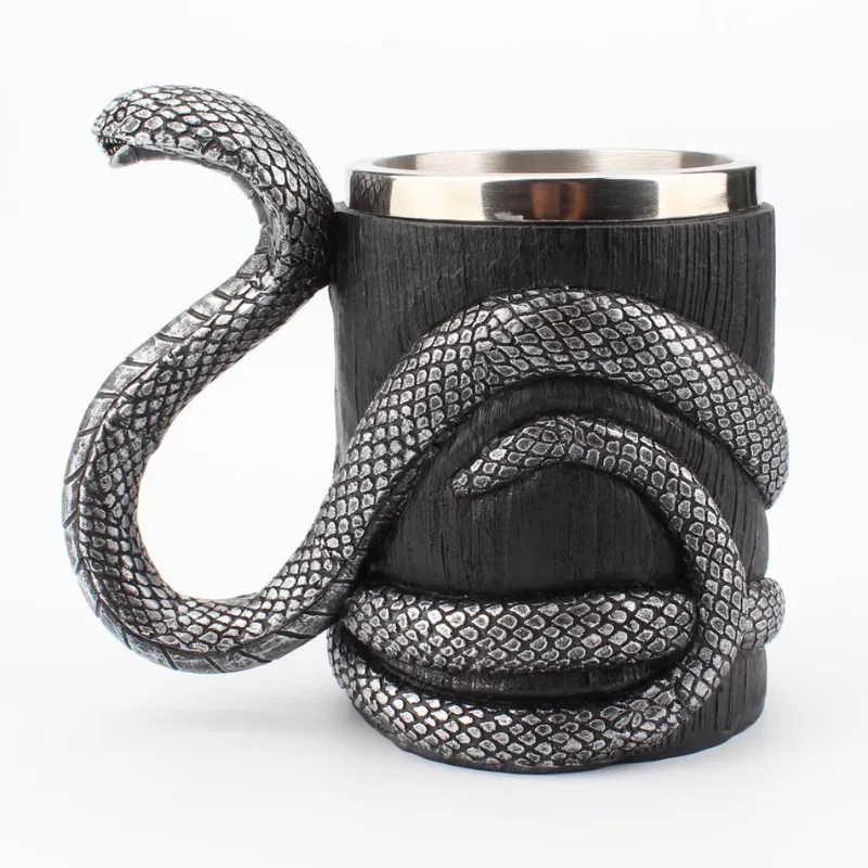 Фото Пайное стекло Cobra Snake Design из нержавеющей стали 304, чашка для питья для офиса, персонализированная кружка для пива, кофе, уникальные серебристо-черные подарки №3