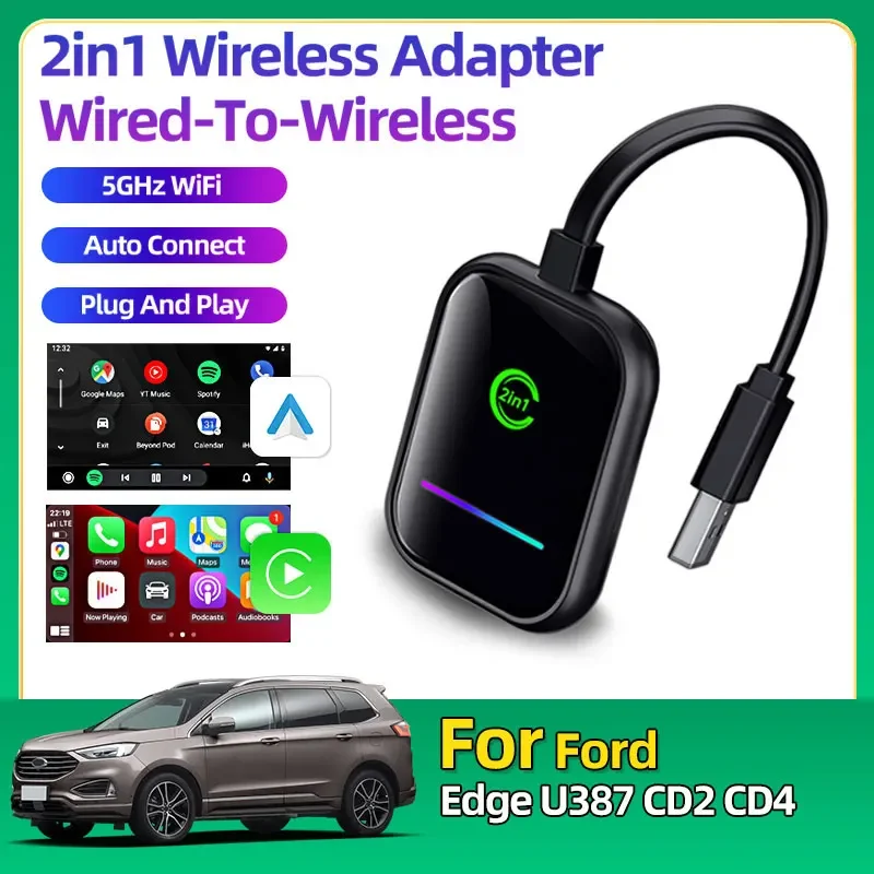Для Ford Edge U387 CD2 CD4 Dongle Carplay Smart 2in1 Box USB Bluetooth 5 ГГц Wi-Fi Plug and Play Для Android IOS Автомобильные аксессуары