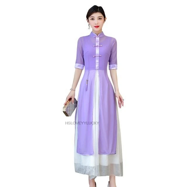 Вьетнамское платье Aodai, элегантное вечернее платье, восточное женское платье Ципао, изящное платье чайного искусства, свободное улучшенное платье трапециевидной формы, платье Cheongsam (art.: 3920d03f45ccd) - 3920d03f45ccd