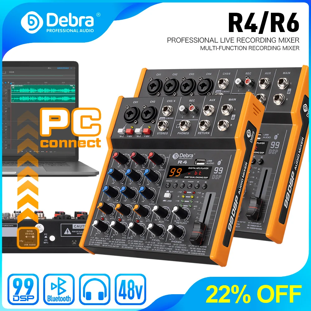 Звуковой контроллер Debra R4/R6 DJ, звуковой миксер 99DSP, стерео, 6,5 мм выход, звуковая карта Type-C для прямого эфира, смешивания, записи на ПК