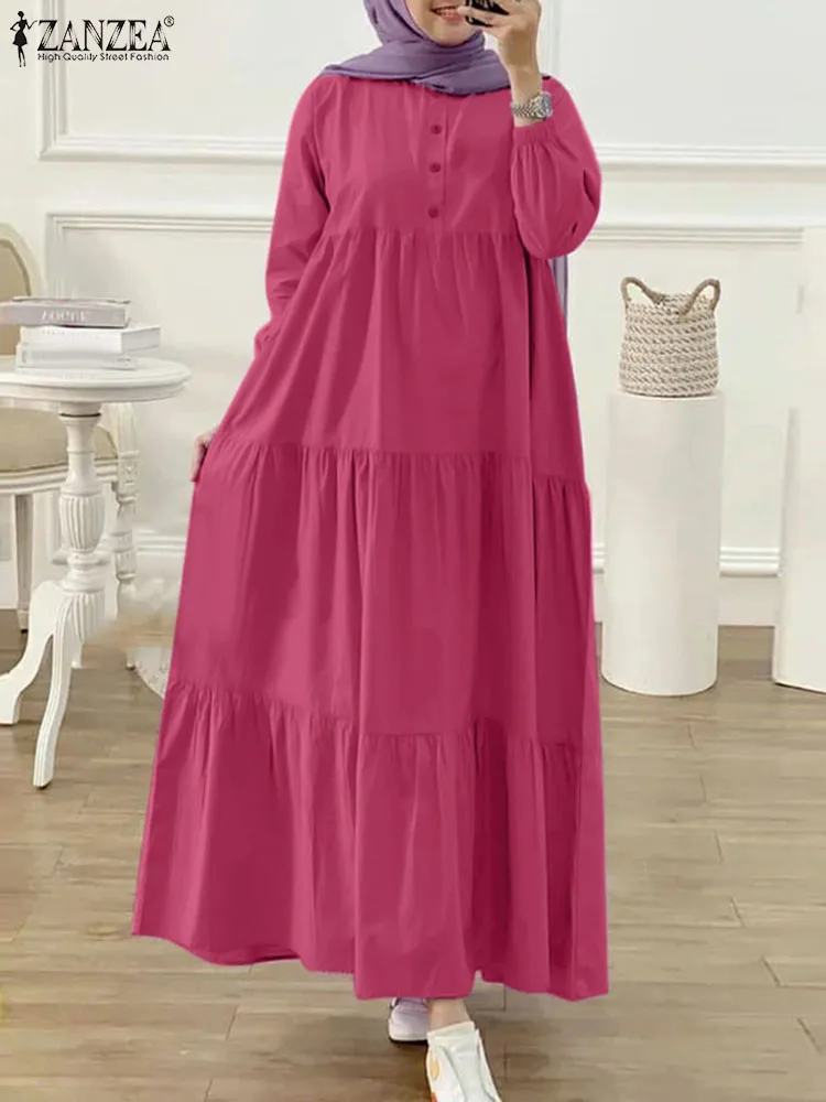Фото Платье ZANZEA Eid Mubarek, мусульманская абайя, женское длинное платье, модное однотонное платье с длинным рукавом, яркое платье, сарафан, мусульманская одежда №2