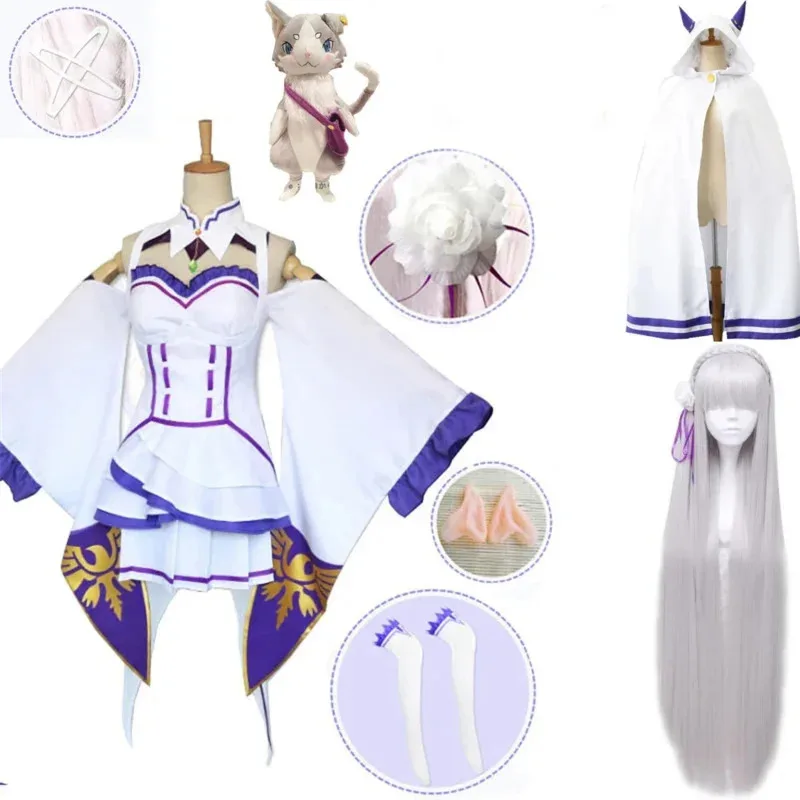 Re Zero Kara hajimeru isekai Seikai Emilia костюмы для косплея женское платье с головным убором для вечеринки на Хэллоуин Jueg