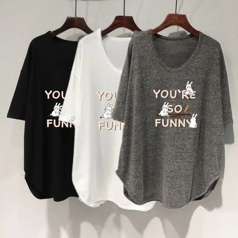 Фото Женская футболка размера плюс 5XL 150 кг с U-образным вырезом, топы с коротким рукавом и принтом кошки, летние милые модные повседневные футболки, уличные футболки №2
