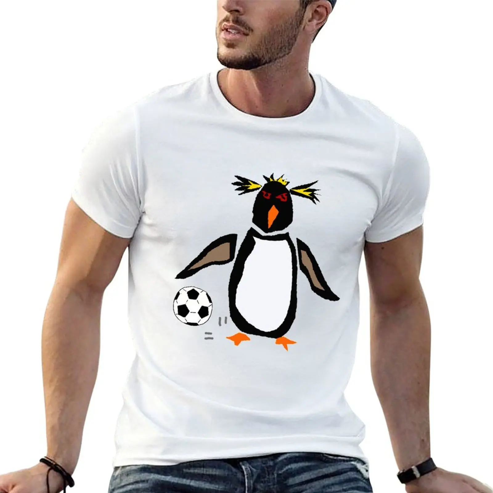 Забавная футболка Rockhopper Penguin Playing Football, хлопковая футболка, мужская хлопковая футболка, футболка из 100% хлопка