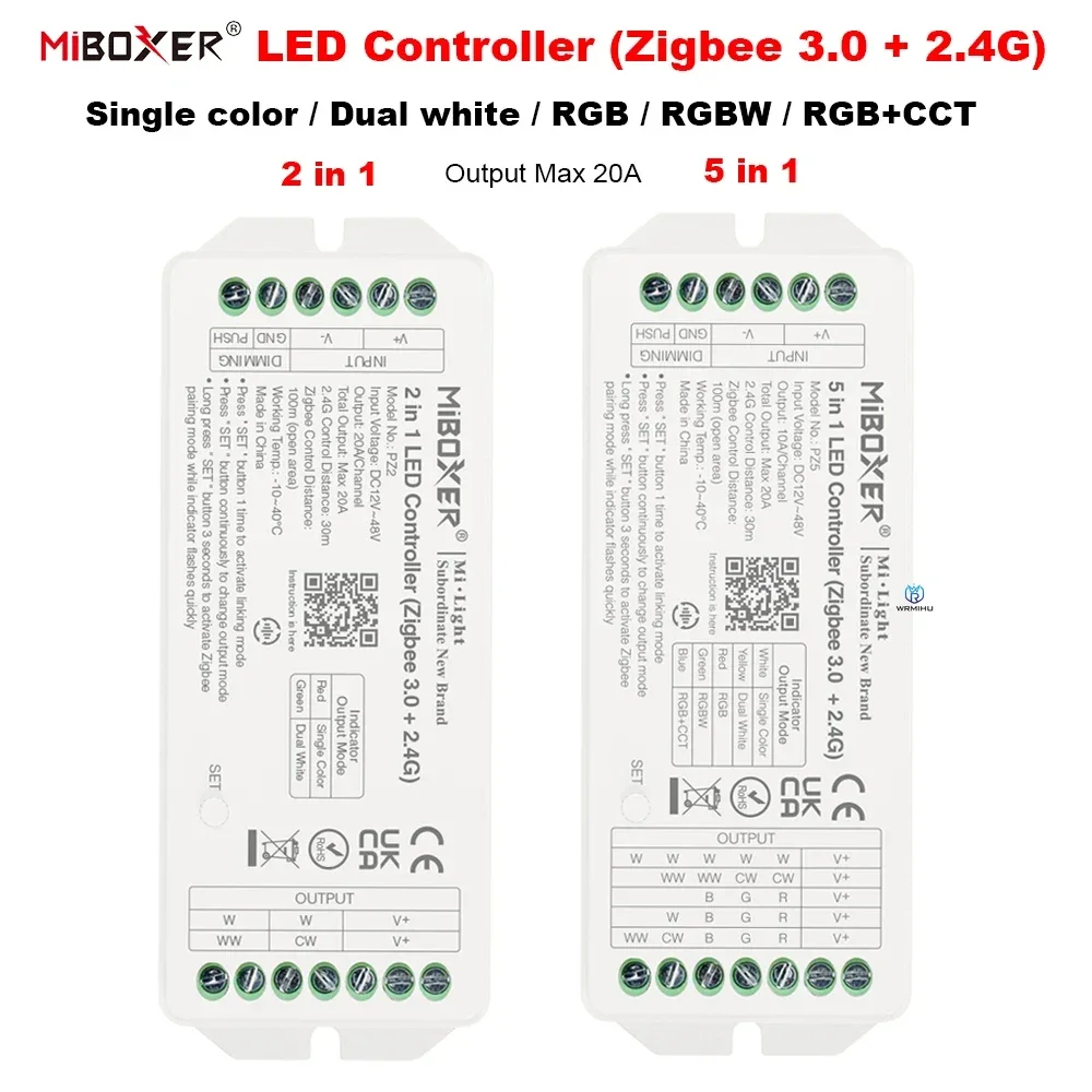 Miboxer Zigbee 3.0 +2,4G RF светодиодный контроллер PZ2 2IN1 PZ5 5IN1 Max 20A для одноцветных/двойных белых/RGB/RGBW/RGB+CCT светодиодных лент