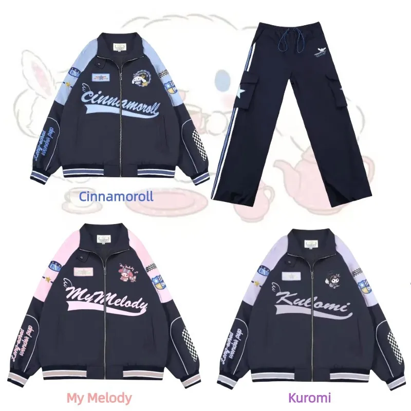 Куртка Sanrio Y2k Cinnamoroll Racer, кавайная байкерская куртка, штаны, штаны с мультяшным принтом, Женская свободная теплая ветрозащитная одежда для пар, подарки