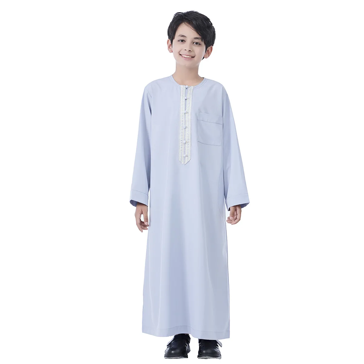 Фото Мусульманский детский халат Jubba Thobe с однотонными пуговицами, Абая, арабский, исламский, Ближневосточный, подростковый халат с длинными рукавами, одежда Рамадана Даф №2
