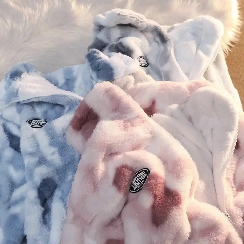 Фото Женская плюшевая куртка Tiedye, утепленная кашемировая куртка в стиле хип-хоп для осени №4
