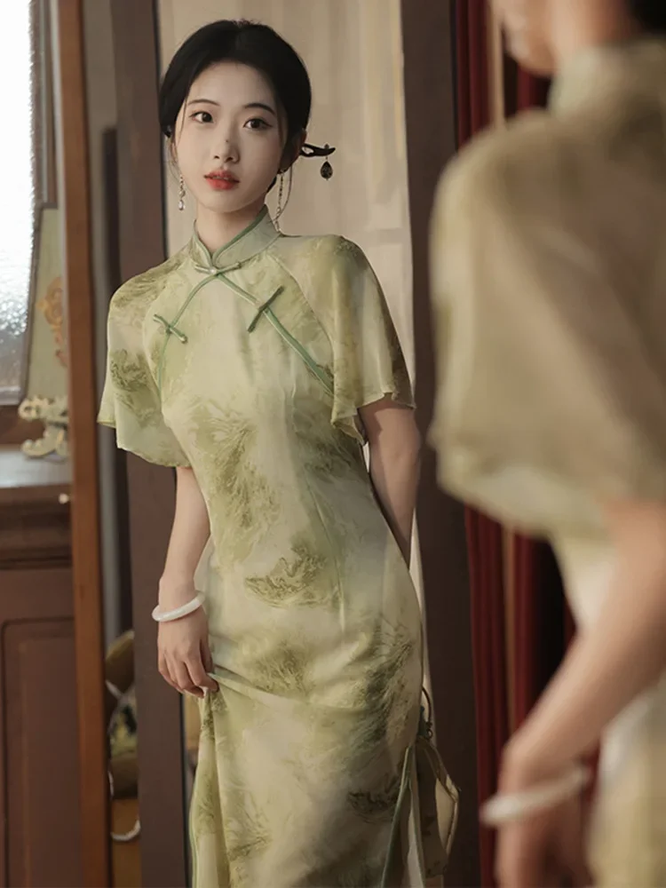 Летнее длинное платье Cheongsam, винтажное Ципао, зеленое свежее повседневное женское элегантное платье, тонкий костюм для вечеринки, платья