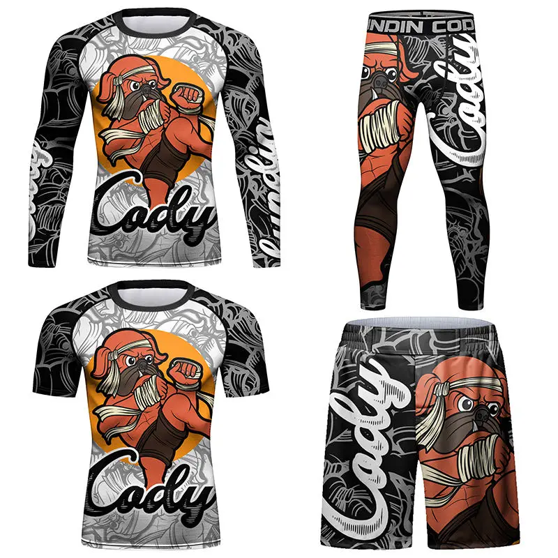 Фото Дешевые Новые мужские футболки и брюки Jiu Jitsu Rashguard, костюм для смешанных боевых искусств, шорты BJJ Gi Muay Thai, компрессионная рубашка для смешанных боевых искусств, кикбоксинг №5