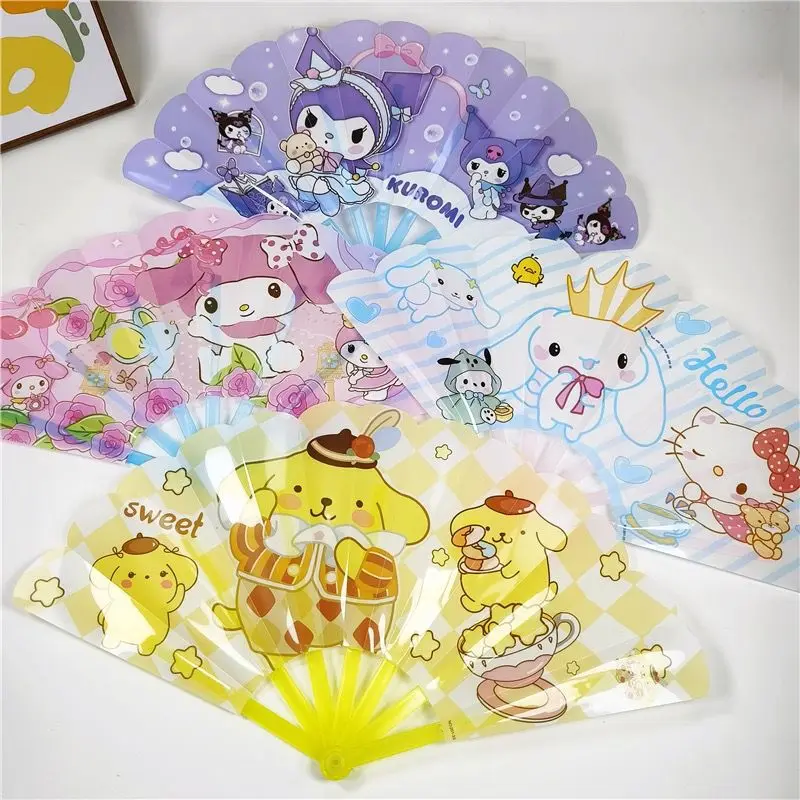 Милая семь складных вееров Cinnamoroll Kuromi Sanrio, летний портативный мультяшный помпопурин, моя мелодия, детский пластиковый веер, игрушка для девочки