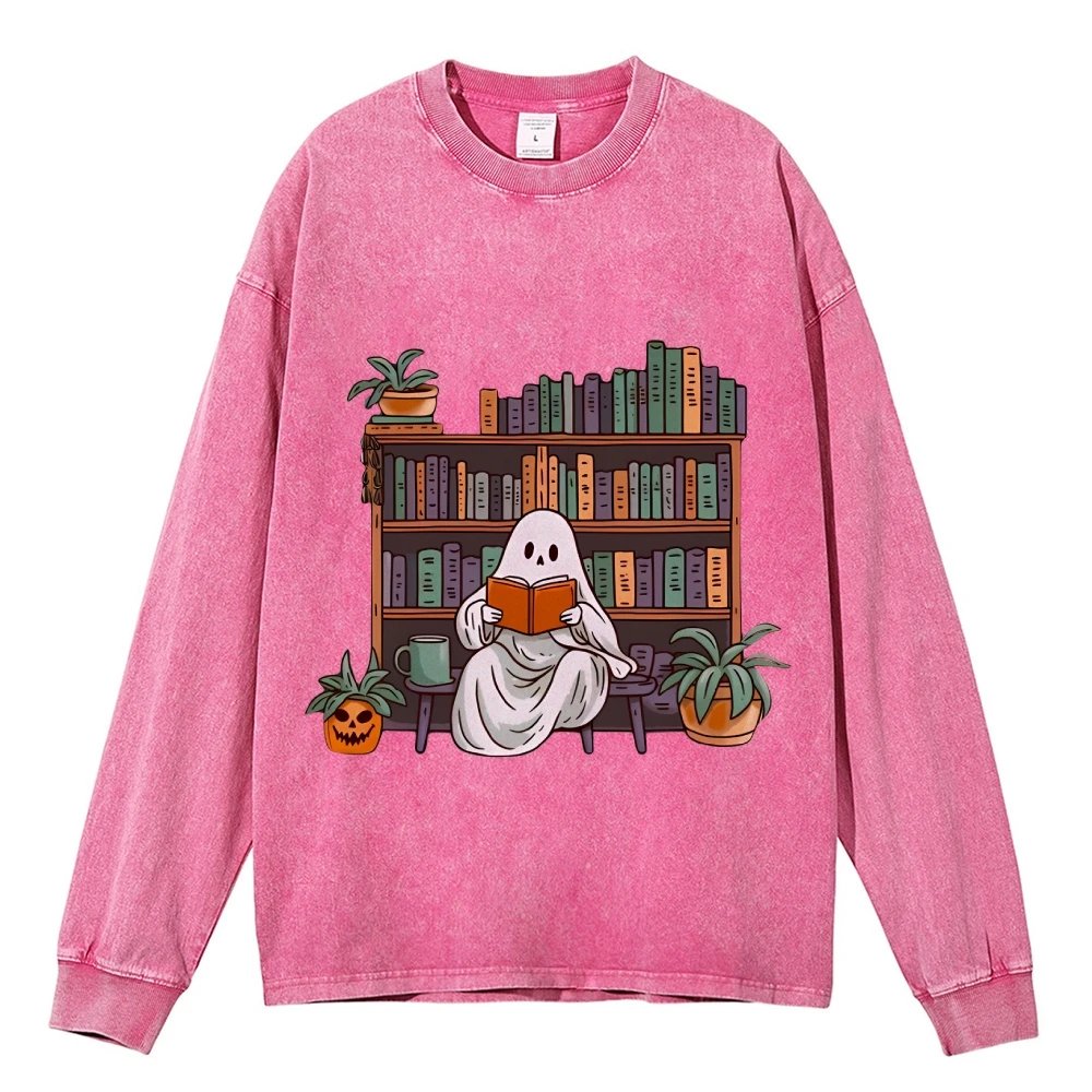 Фото ity z nadrukiem Cute Ghost Bookshelf Sweter z nadrukiem Wysokiej jakości bawełniany sweter z okrągłym dekoltem Luźny, oversize na ramionach Trend Nowe długie rękawy №3