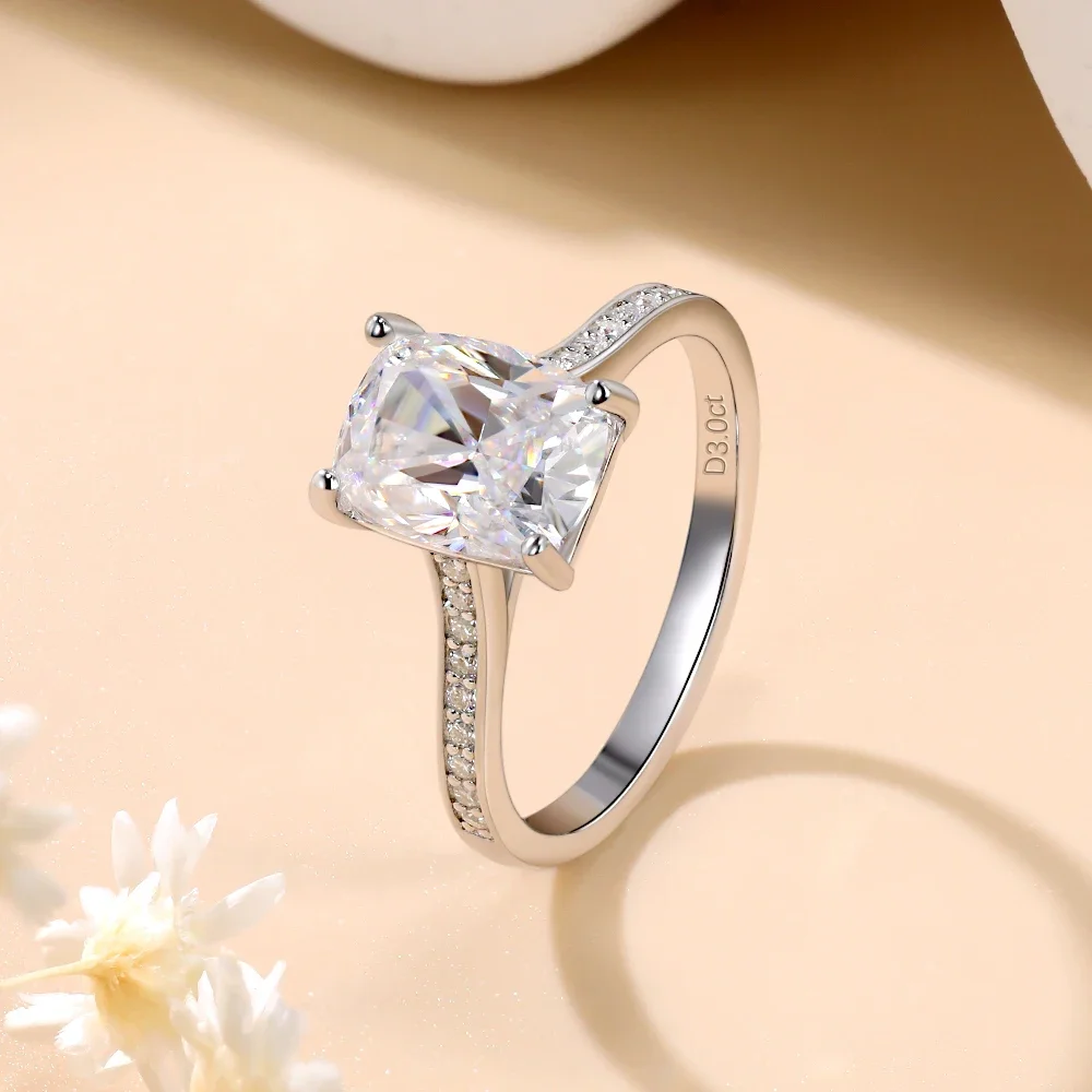 Фото Женское Обручальное кольцо кольца с муассанитом 3ct с огранкой в виде подушки, серебро 925 пробы, покрытое 18-каратным белым золотом, D vs1, ювелирные изделия для свадебного браслета №5