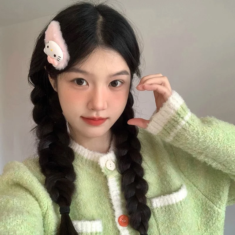 Фото Sanrio Hello Kitty плюшевая заколка для волос с бантиком, милый милый пушистый шарик, розовая заколка BB, модная универсальная заколка для челки для девочек, аксессуары для волос №3