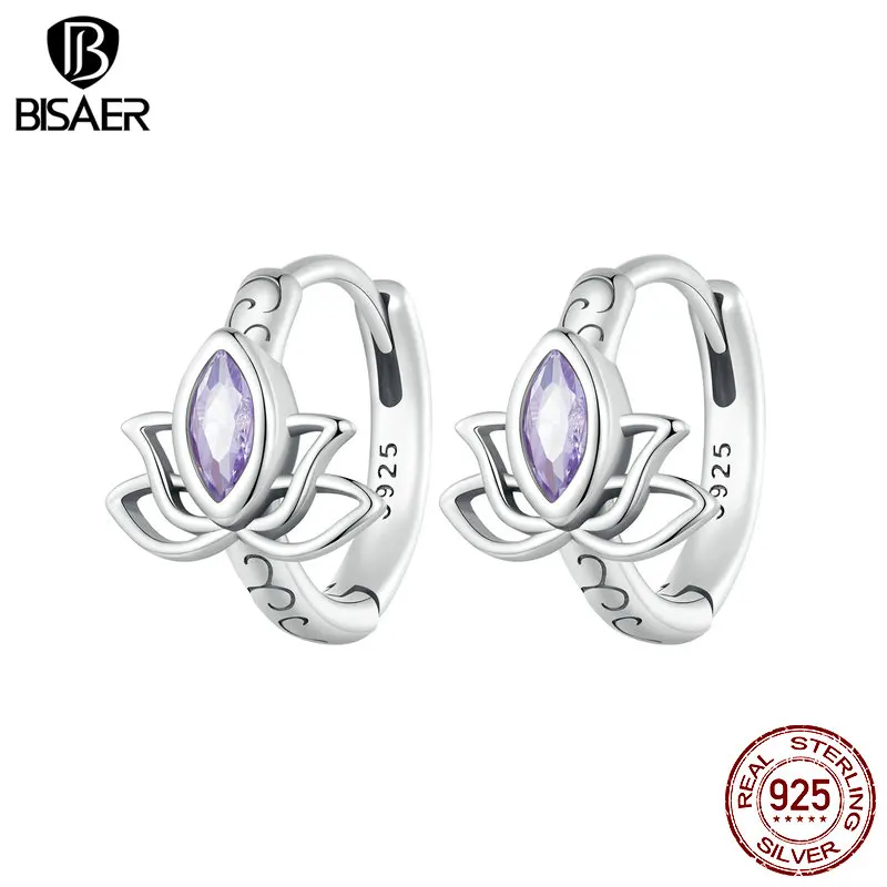 Серьги-кольца женские из серебра 100% пробы с фиолетовым Цирконом