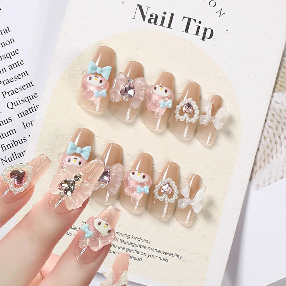3D Sanrio Gradient Pink Melody Press On Fake Nails 24/30Pc Милый аниме мультфильм Hello Kitty My Melody Y2K Модные накладные ногти