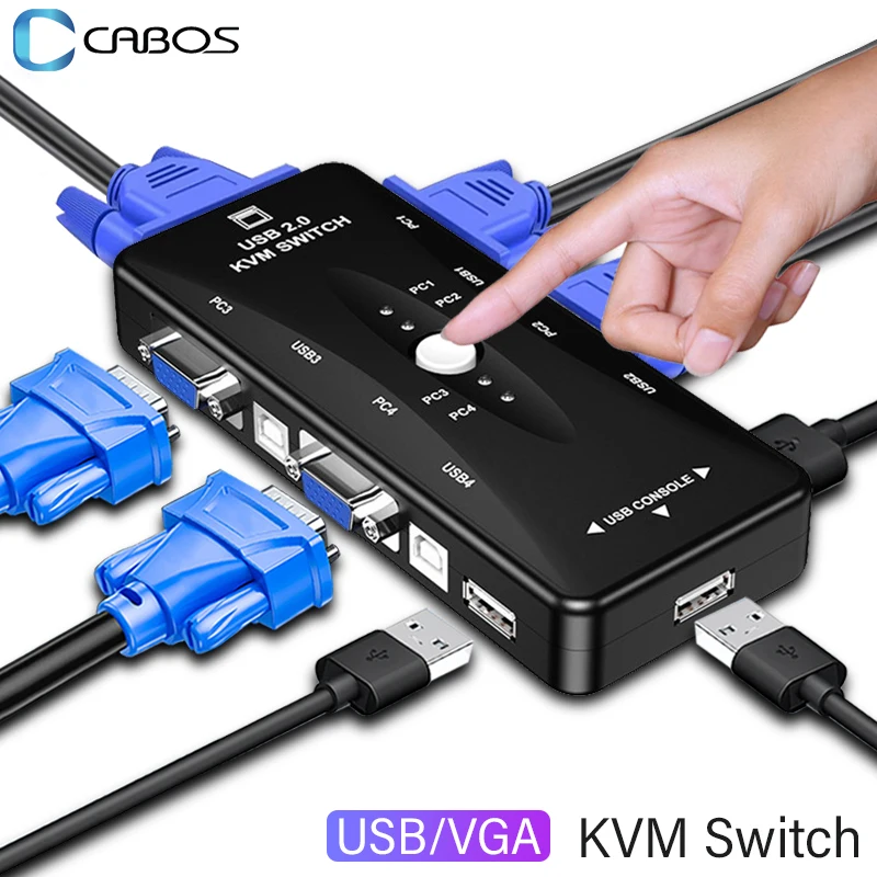 KVM-переключатель VGA USB2.0, адаптер, контроллер с общим доступом, 4 входа, 1 выход, для компьютера, проектора, принтера, клавиатуры, мыши, USB KVM