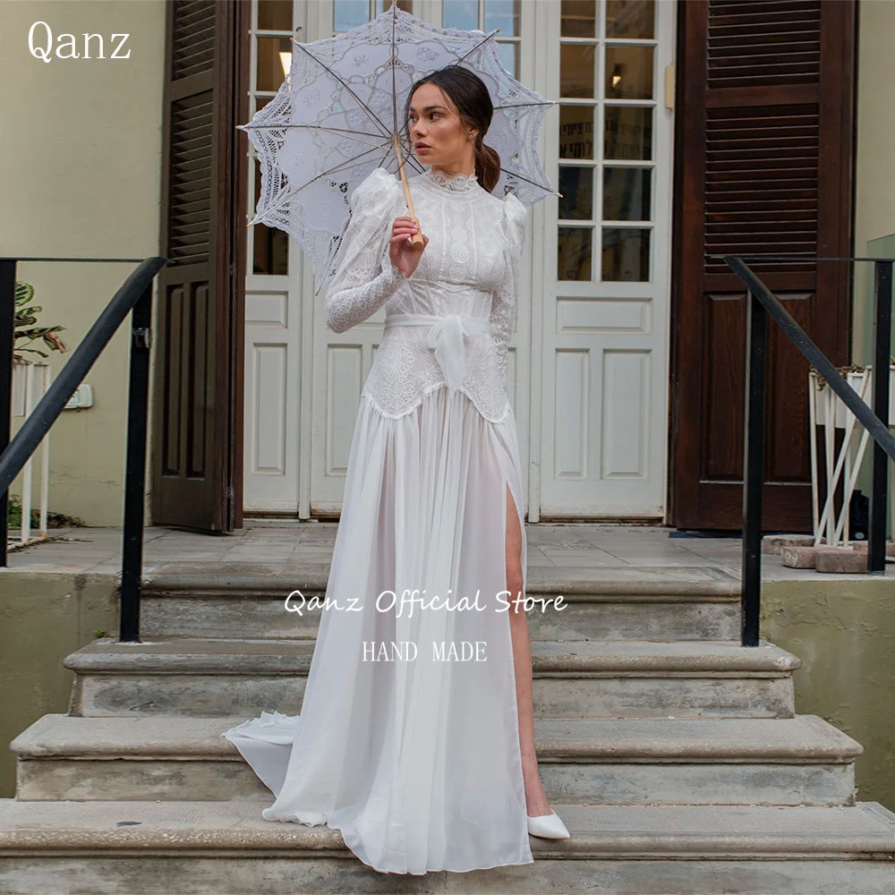 Qanz Chiffon High Slit Wedding Dress Long Sleeves Beach Lace Appliques Vestidos De Novia Elegant Women Bridal Gowns Customized