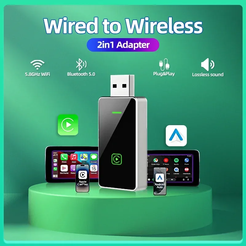 Беспроводной адаптер Carplay Android Auto Wireless Smart Dongle 2in1 для Bmw Audi Honda Kia VW Tesla Renault Dodge JEEP Lada Skoda