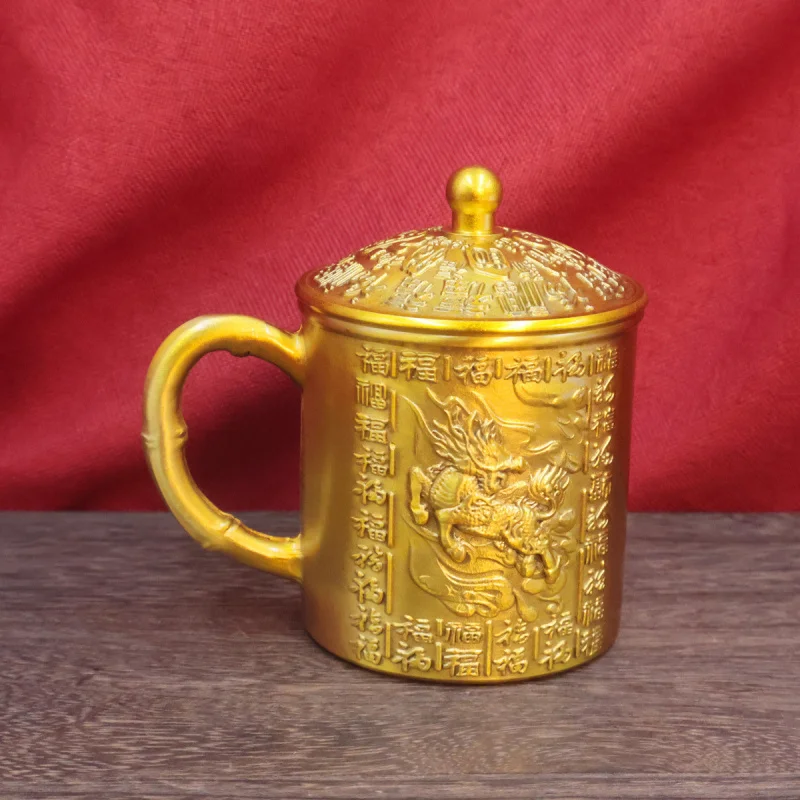 Фото Латунная чайная чашка KIRIN Baifu для дома, новый китайский стиль, украшение для рабочего стола для ресторана с крышкой, контейнер для чая, металлические украшения, поделки №2