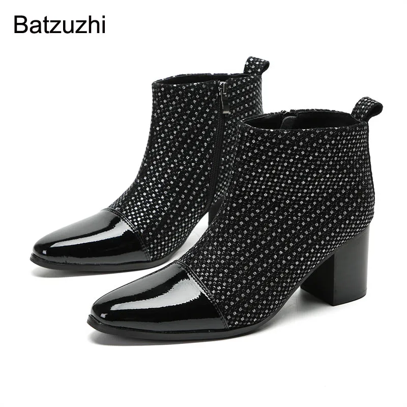 Batzuzhi 7Cm High Heels Men's Boots Shoes Pointed Toe Black Genuine Leather Short Boots Men Knight Ankle Botas, Big Sizes 37-47 Мужская обувь