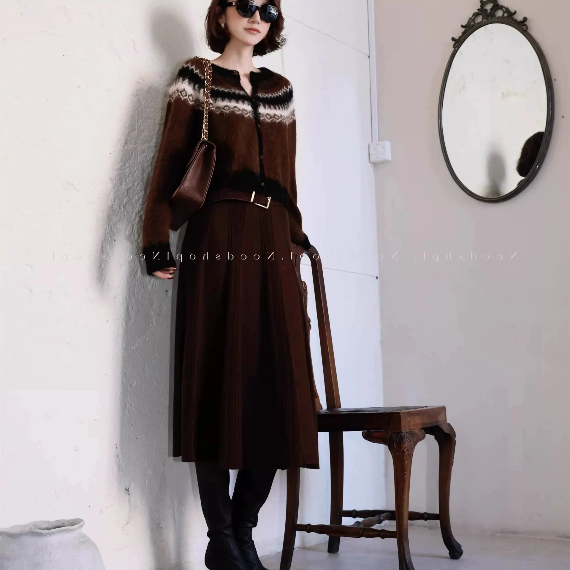 UMI MAO Old Money Style Fair Isle Альпака Шерсть Круглый вырез Вязаный кардиган Топ Женский осенне-зимний утягивающий свитер пальто (art.: 3920d1d5bba8a) - 3920d1d5bba8a